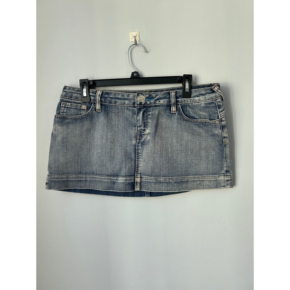 Fox Racing Denim Legend Mini Skirt Medium Wash Low Rise Size 7 Y2K Star Logo